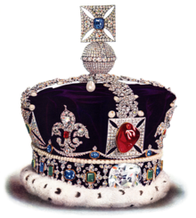 The Imperial State Crown, large ornate crown with a cross on the top and a large red stone and large diamond in the front