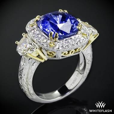 5.66ct Cushion Blue Sapphire set in Platinum "Queen Elizabeth" Diamond Right Hand Ring.