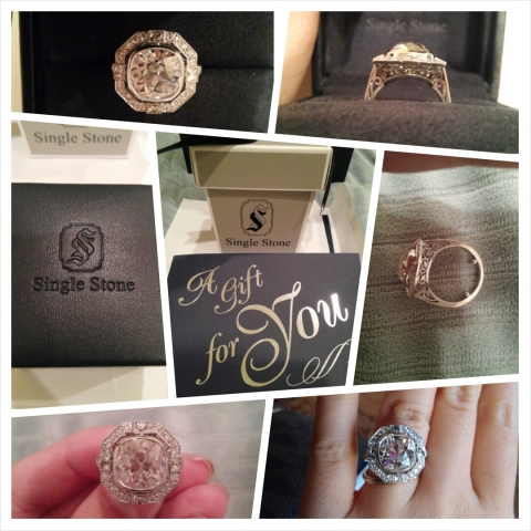 Several pictures of an art deco ring in halo and the box that it came in. 