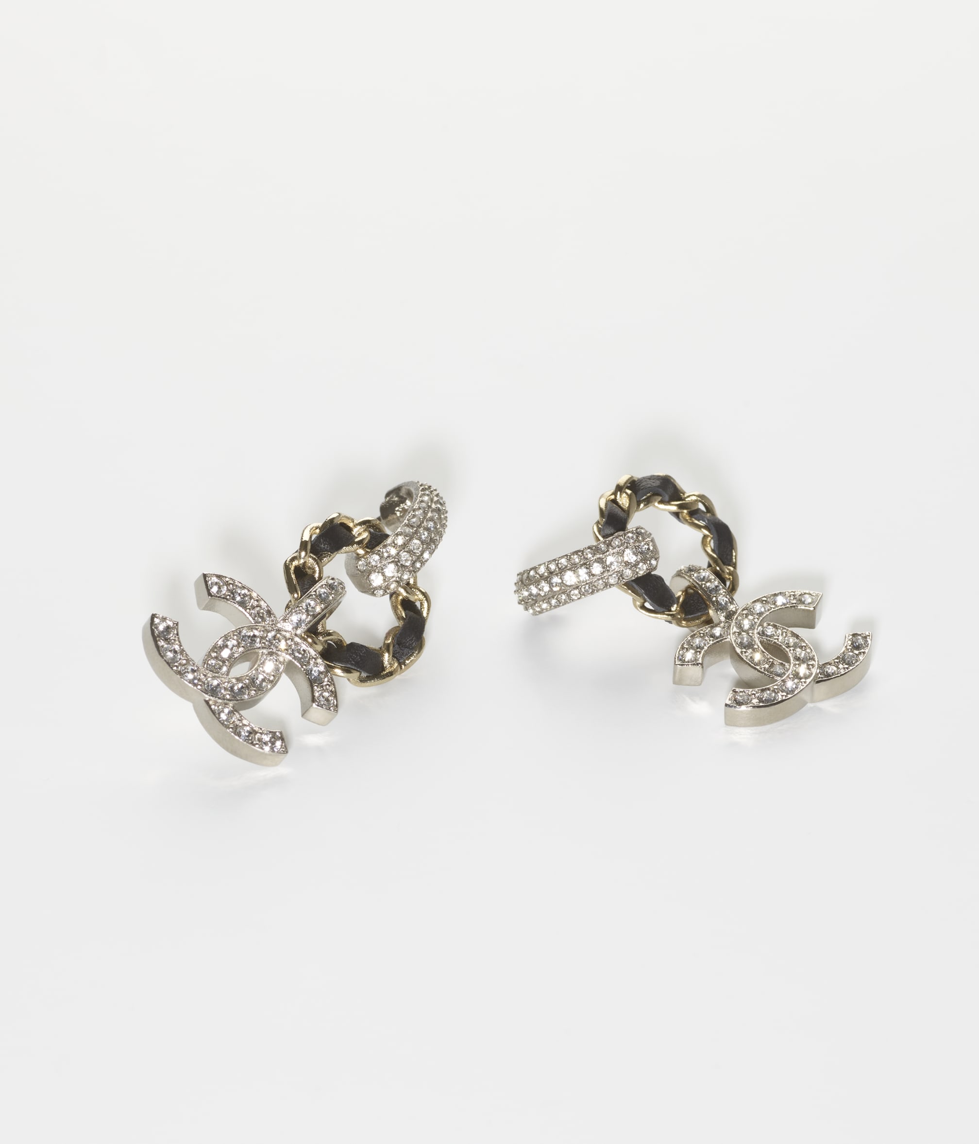 Chanel Metal Calfskin Rhinestone Earrings.