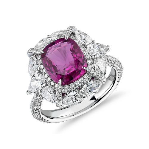 Radiant-Cut Pink Sapphire Ring with Pear-Shaped Diamond Halo in 18k White Gold.