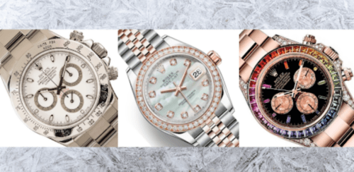 THe faces of three rolex watches on a light grey textured background