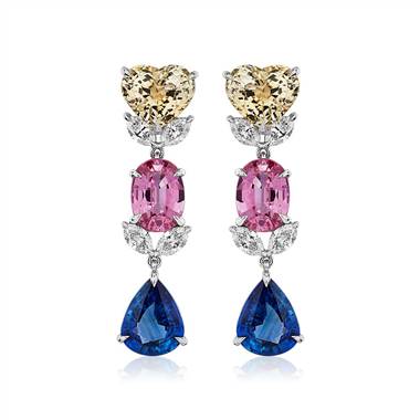 Multicolor Sapphire and Diamond Drop Earrings in 18k White Gold