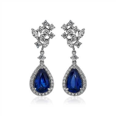 Pear-Shaped Blue Sapphire and Diamond Drop Earrings in 18k White Gold.