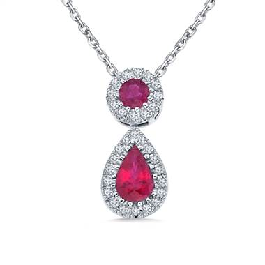 Ruby and Diamond Halo Drop Pendant Necklace in 14K White Gold.