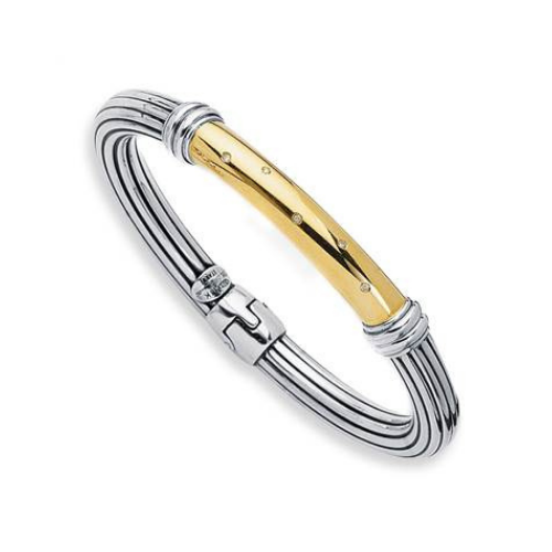 Sterling Silver Bangle Bracelet With 18K Yellow Gold And Diamonds.