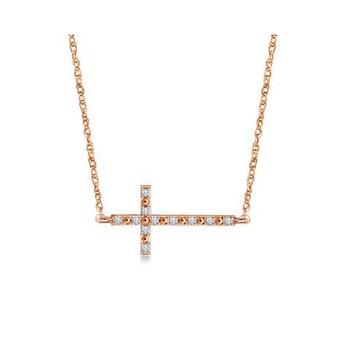 Sideways Diamond Cross pendant in 14K Rose Gold.