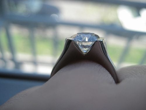 Diamond ring with large diamon, in profile.