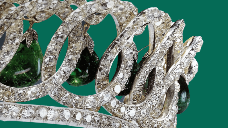 Loops of diamonds with emerald drops as part of the Vladimir Tiara