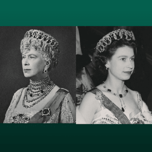 Queen Mary and Queen Elizabeth both wearing Cambridge Emeralds