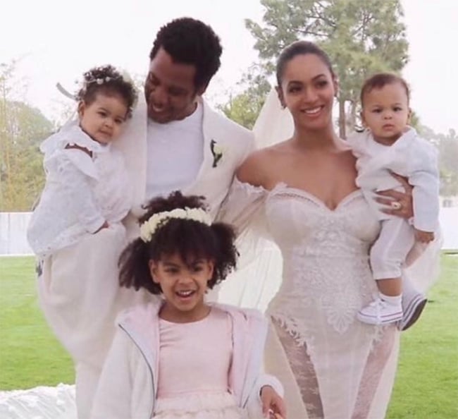 Beyoncé with her husband Jay Z and her three kids Blue Ivy Carter, Rumi Carter, and Sir Carter.
