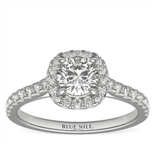 1/2 Carat Ready-to-Ship Cushion Halo Diamond Engagement Ring in 14k White Gold from Blue Nile