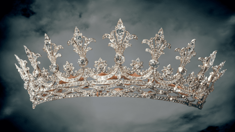 A diamond tiara set aginst a spooky dark and foggy background.