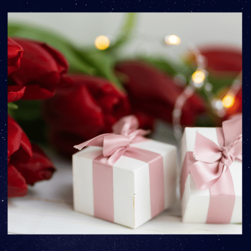 Gift boxes and roses and lights.