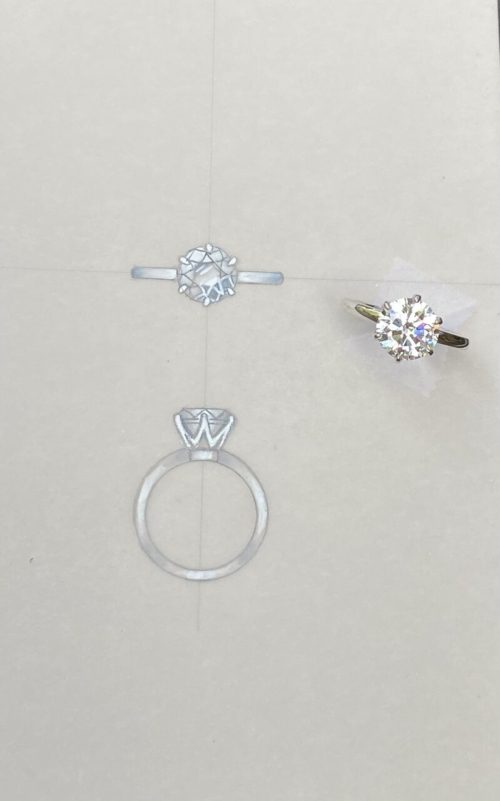 A diamond solitaire ring and 2 sketches of it's design. 