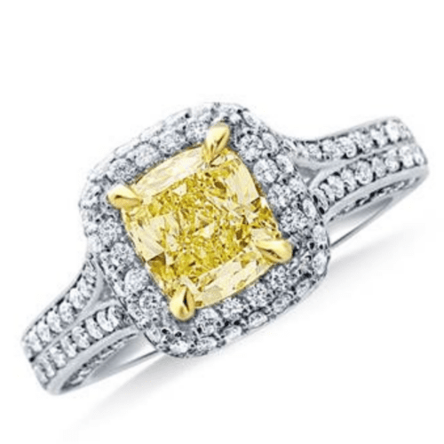 Fancy Light Yellow Canary Cushion Cut Diamond Halo Split Shank Ring in 18K White Gold from B2C Jewels