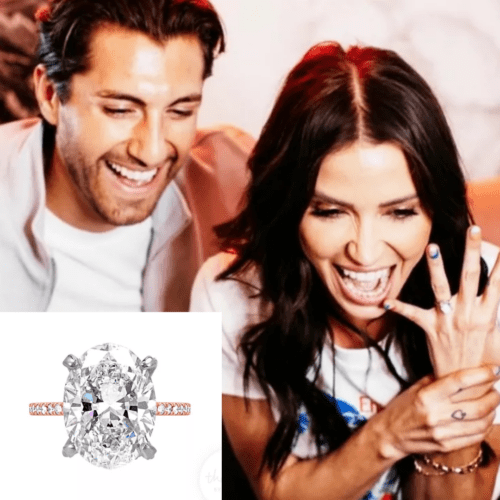 Man and woman smiling at a laptop with her left hand raised to show her engagement ring. In the left lower corner, image of large oval diamond ring with rose gold band.