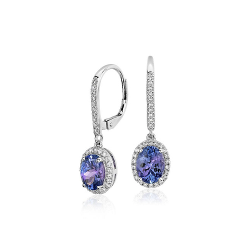 Tanzanite and Diamond Halo Drop Earrings in 14k White Gold.