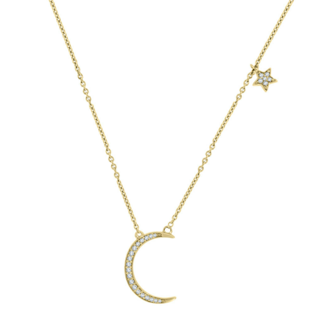  14K Yellow Gold Star On A Half Moon Diamond Necklace from The Art of Jewels.