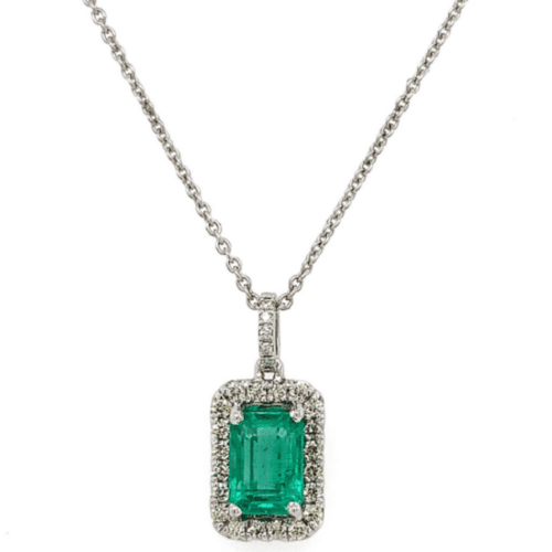 18K White Gold Green Emerald Halo Diamond Pendant from The Art of Jewels.