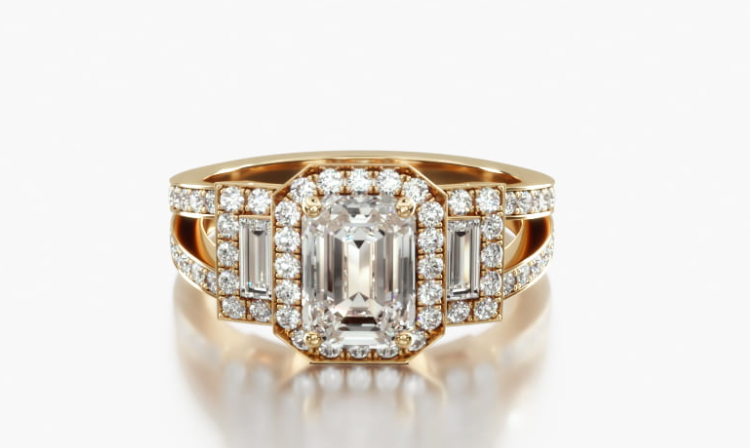 Emerald-Cut-3-Stone Split Shank Engagement Ring in 18K Yellow Gold 4mm Width Band.