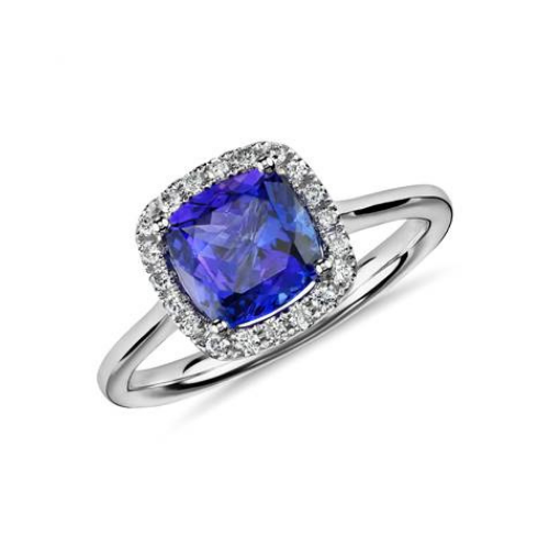 Tanzanite Cushion and Diamond Halo Ring in 14k White Gold.