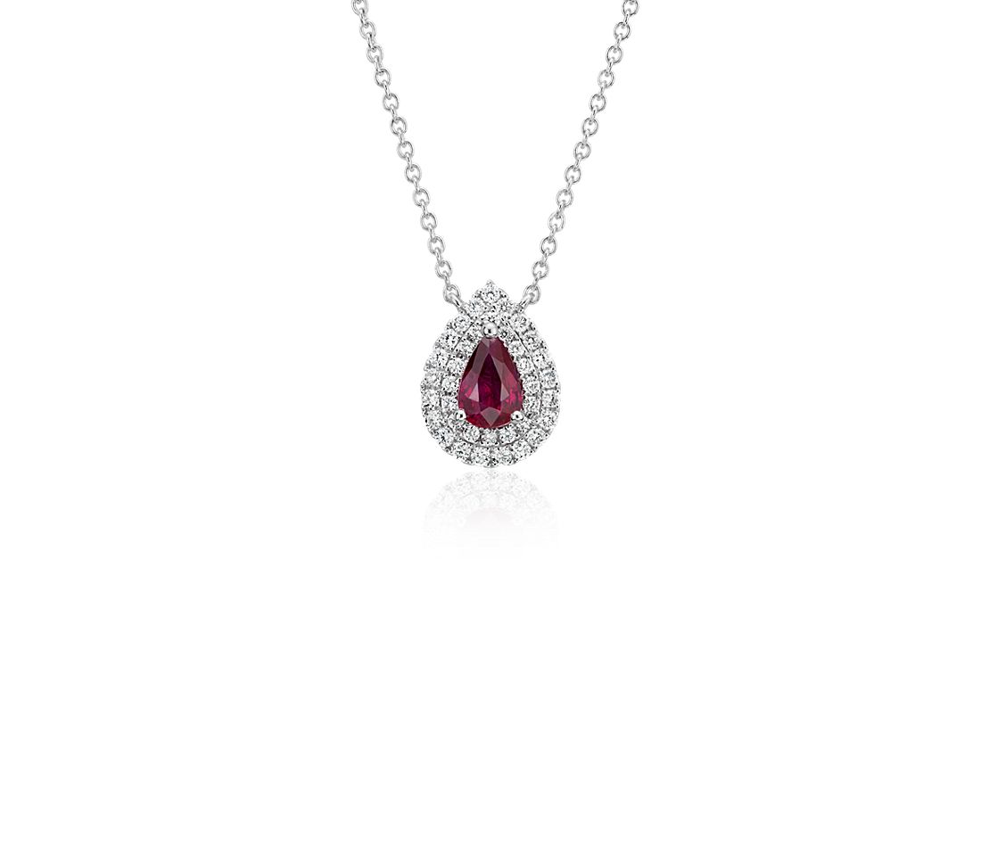 Ruby and Diamond Double Halo Pendant in 18k White Gold.
