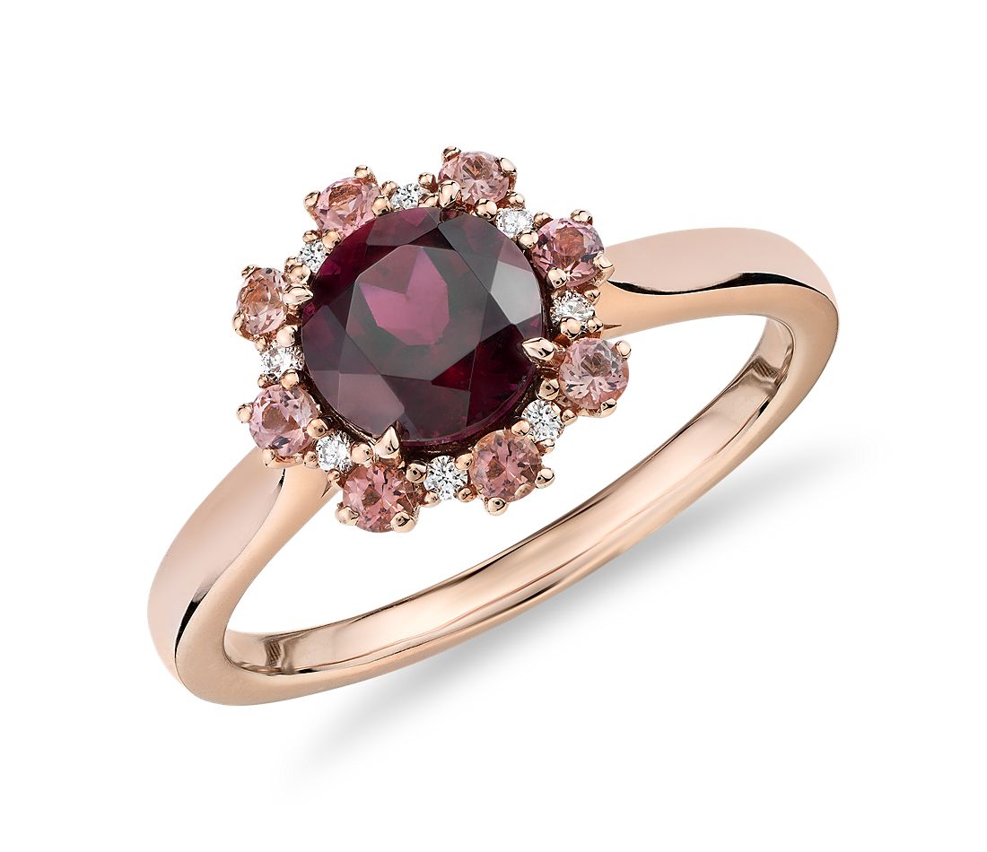 Garnet Ring with Pink Tourmaline and Diamond Halo in 14k Rose Gold.
