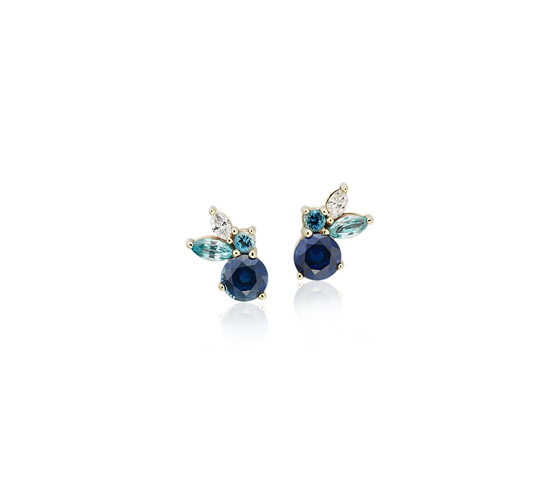 Multi-Gemstone Sapphire and Diamond Cluster Earrings in 14k Yellow Gold.