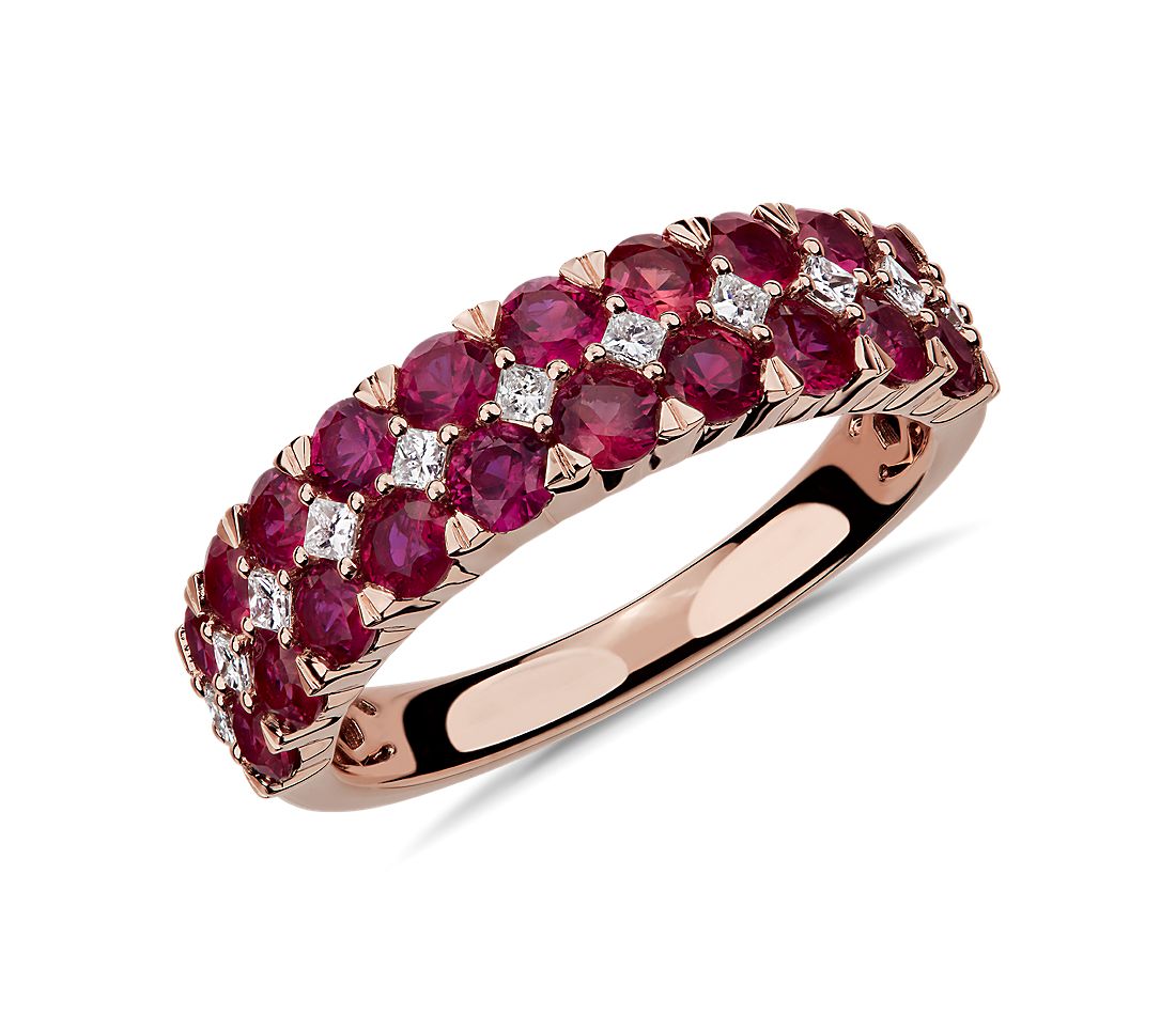 Ruby and Diamond Double Row Ring in 14k Rose Gold.