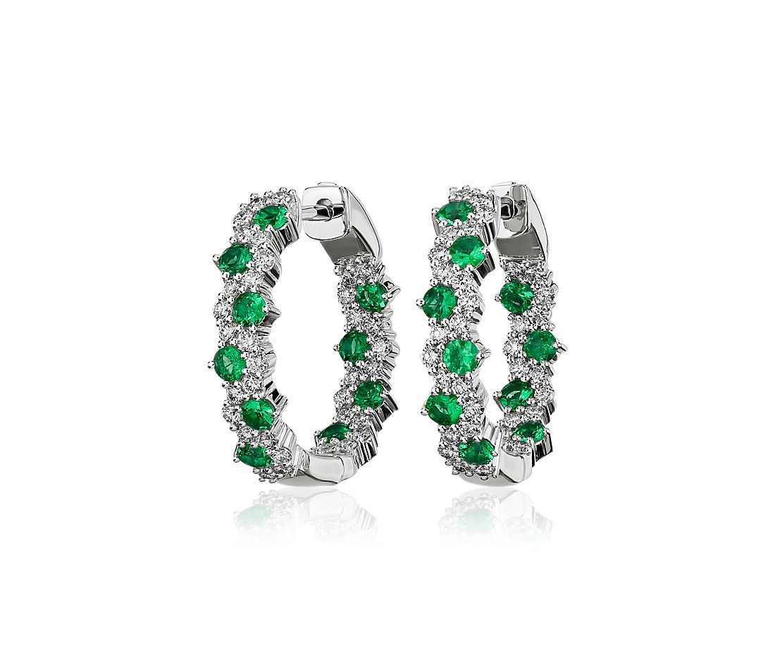 Staggered Emerald and Diamond Hoop Earrings in 14k White Gold.