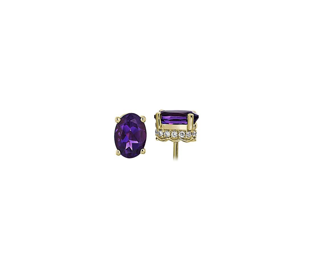 Oval Amethyst and Diamond Earrings in 14k Yellow Gold.