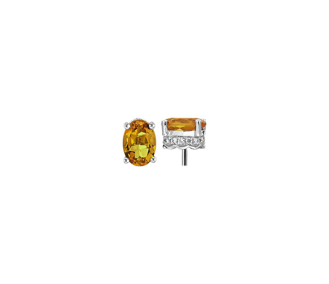 Oval Citrine and Diamond Earrings in 14k White Gold.