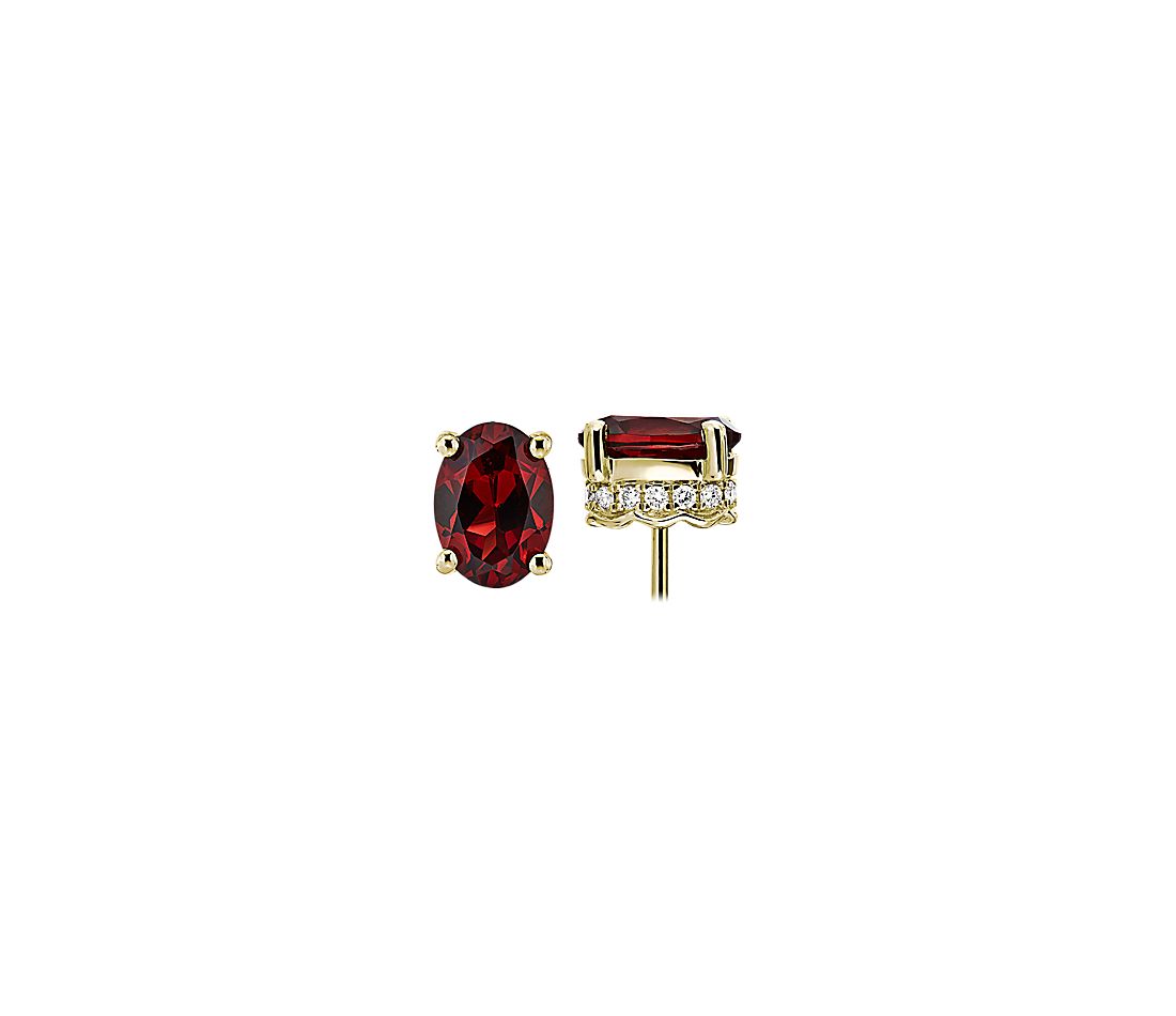 Oval Garnet and Diamond Earrings in 14k Yellow Gold.