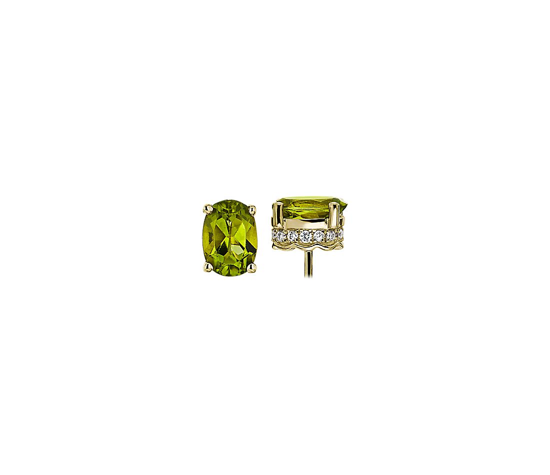 Oval Peridot and Diamond Earrings in 14k Yellow Gold.