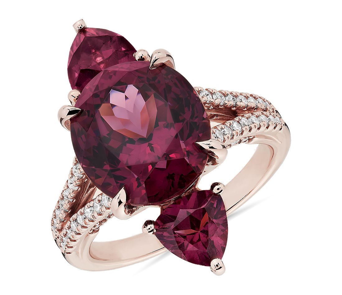 Three Stone Rhodolite Garnet Ring in 18k Rose Gold.