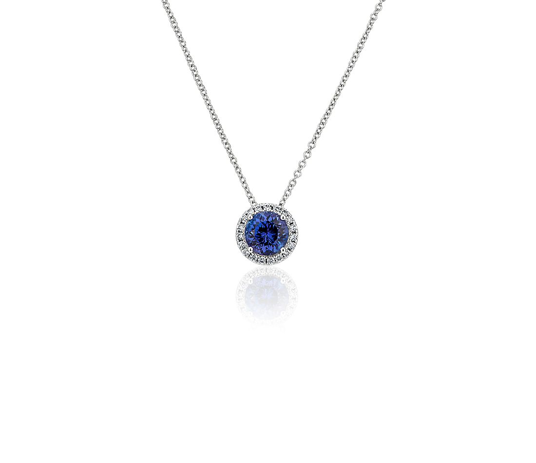 Tanzanite and Diamond Halo Pendant in 14k White Gold.