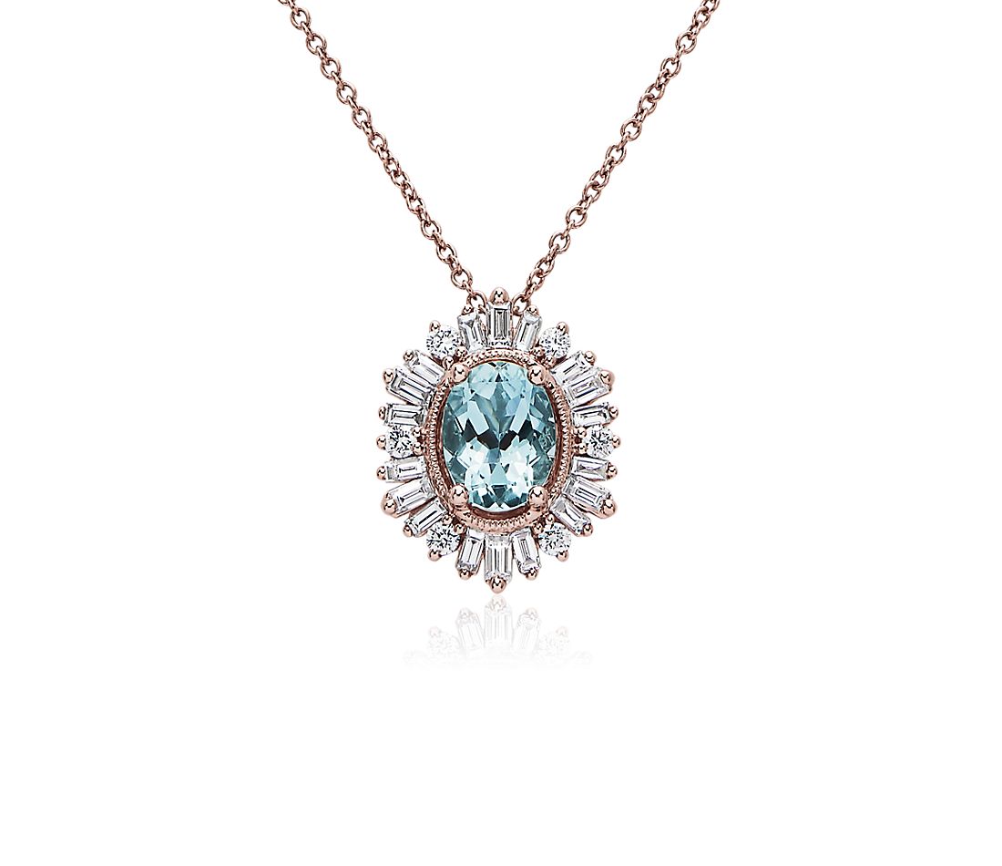 Oval Aquamarine Pendant with Baguette Halo in 14k Rose Gold.