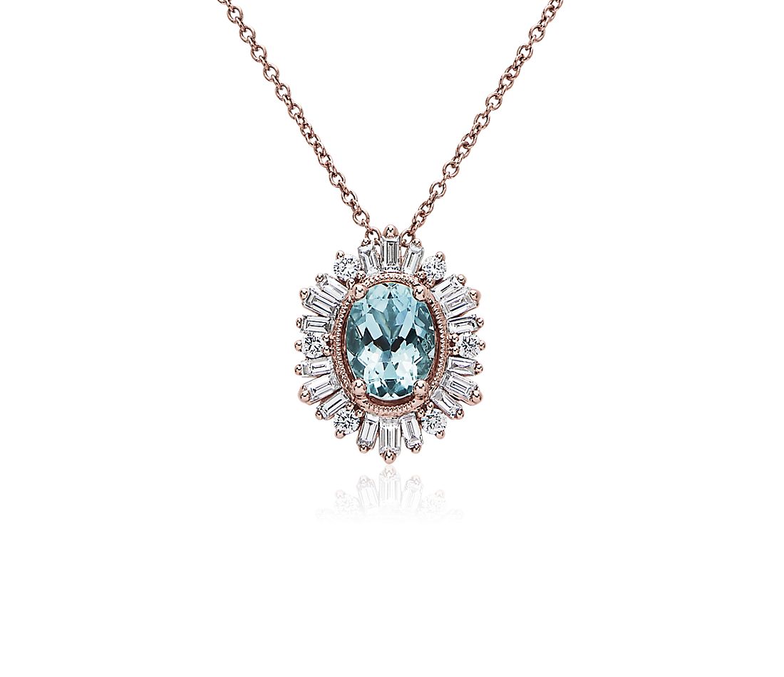 Oval Aquamarine Pendant with Baguette Halo in 14k Rose Gold.