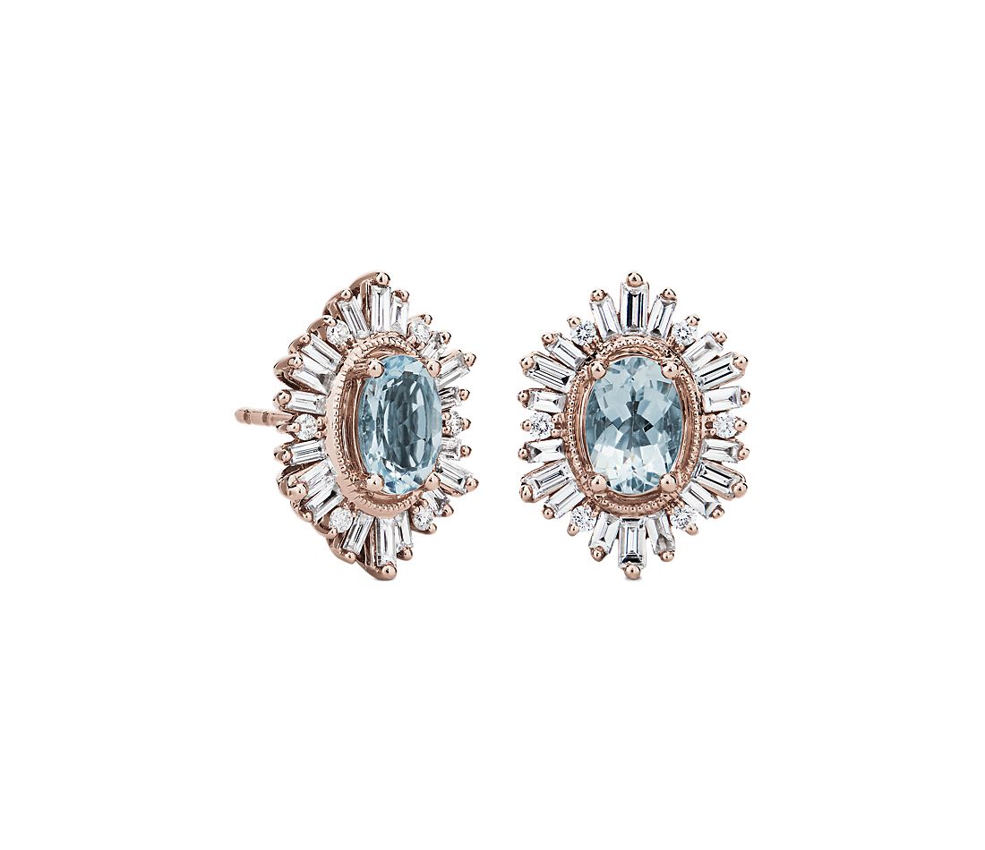 Oval Aquamarine with Baguette Halo Earrings in 14k Rose Gold.