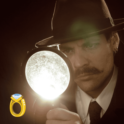 An inspector looking throgh a lit magnifying glass at an illustrated diamond ring.