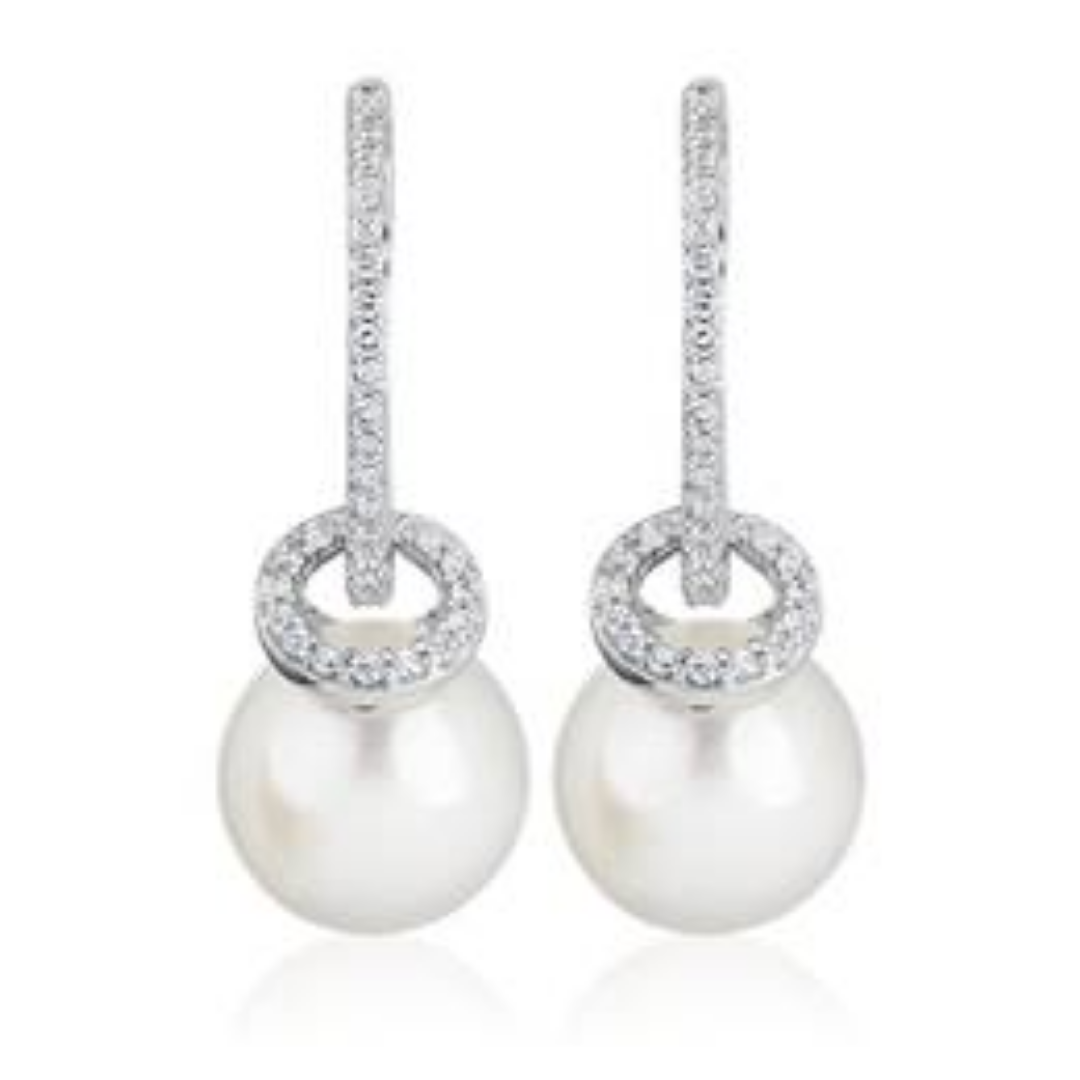 White Freshwater Pearl and Diamond Drop Earrings in 14k White Gold from Blue Nile.