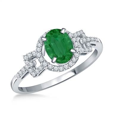 Art Deco Emerald Gemstone and Diamond Halo Ring in 14K White Gold.