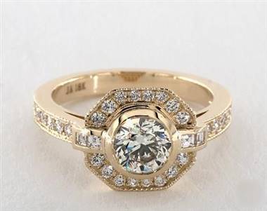 Art Deco Octagonal-Halo Milgrain Pave Engagement Ring in 14K Yellow Gold.