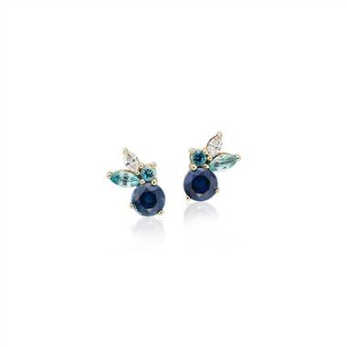 Multi-Gemstone Sapphire and Diamond Cluster Earrings in 14k Yellow Gold.