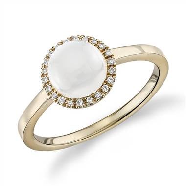 Petite Round White Moonstone Cabochon Ring with Diamond Halo in 14k Yellow Gold.