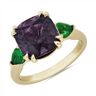 Spinel and Tsavorite Three Stone Ring in 18k Yellow Gold.