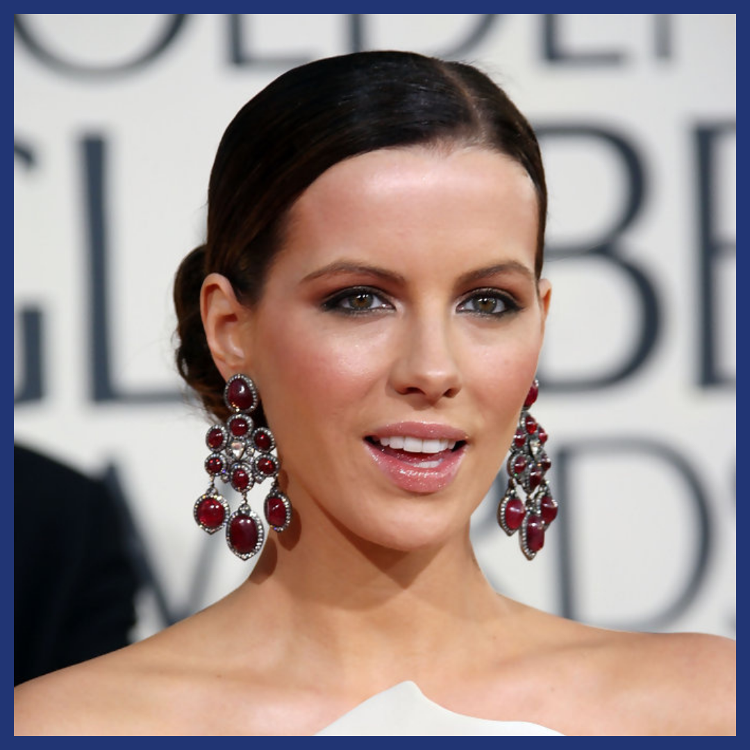 Kate Beckinsale wearing Garnet chandelier earrings.