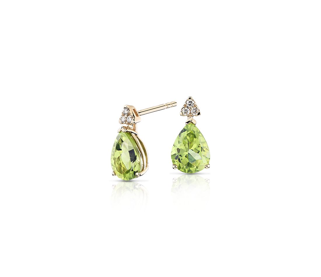 Pear-Shaped Peridot Earrings with Diamond Trio in 14k Yellow Gold.