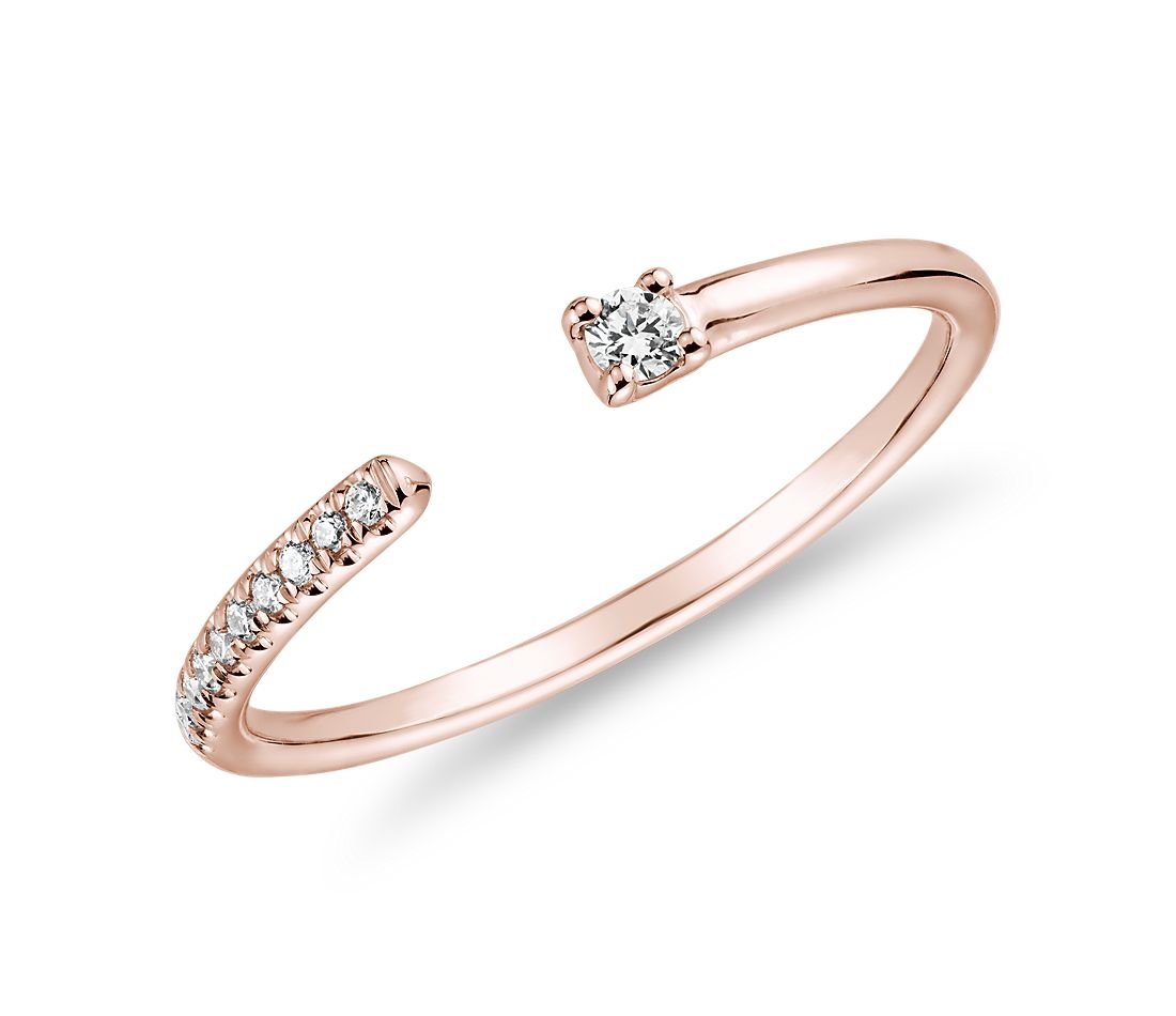 Ultra Mini Diamond Pavé Open Stackable Fashion Ring in 14k Rose Gold.